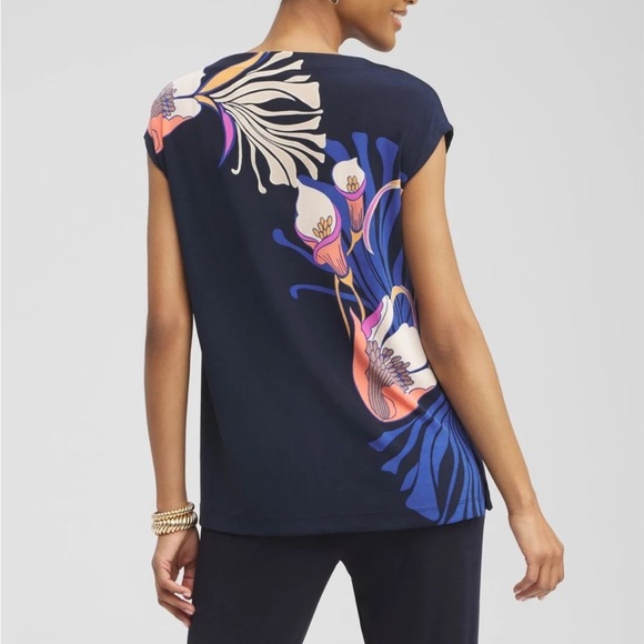 Chico's Travelers Navy Floral Tunic Blouse, size Large (Chicos 2) - Picture 2 of 8